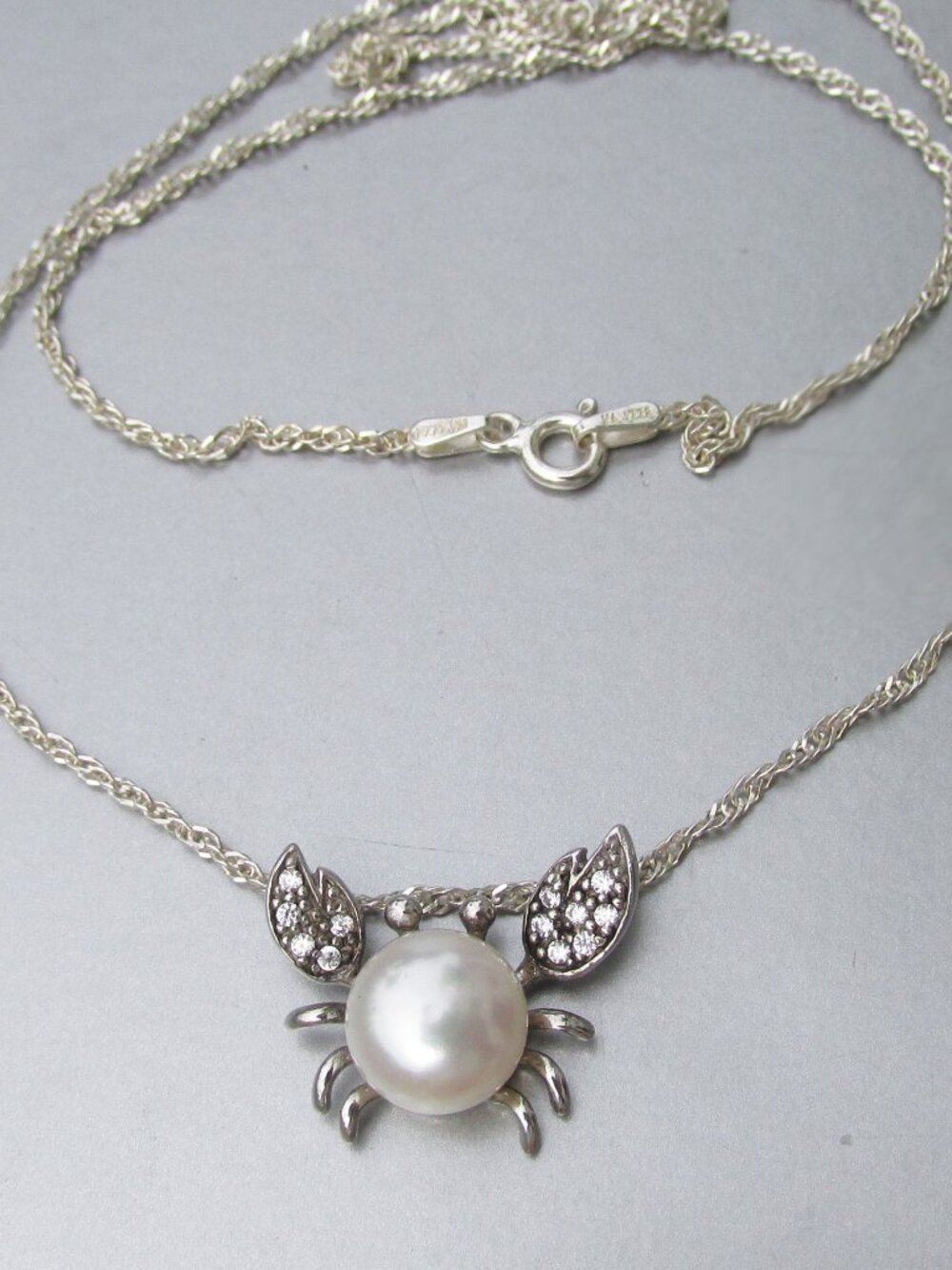 Sterling Silver Freshwater Pearl CZ CRAB Pendant Karisia S.P.A. Chain Necklace